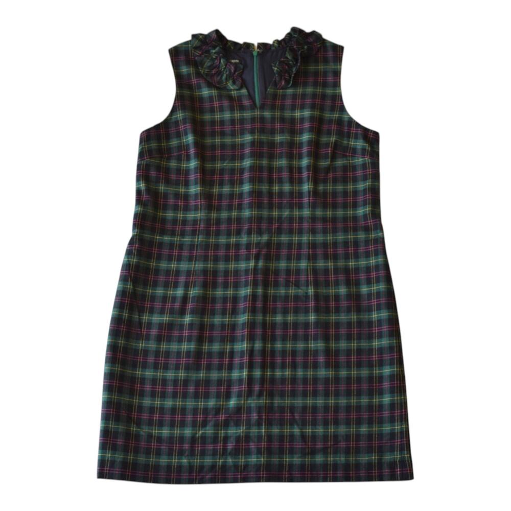 Talbots Tartan Plaid Split Neck Shift Dress Green Ruffle Sleeveless 16P Petite